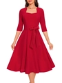 Detail of the vintage red A-line dress featuring a belted waist and half sleeves - S / Red