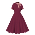 Vintage Audrey Hepburn style burgundy midi dress with red plaid bow tie and A-line skirt - S / Red