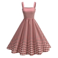Detail of red and white gingham pattern fabric and A-line cut on long strap dress - Red