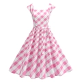 Detail of pink gingham sleeveless midi dress with waist tie and flared skirt design - S / Pink Plaid