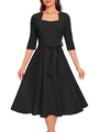 Detail of elegant black A-line dress with square neckline and bow waist belt - S / Black