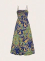 Bohemian paisley print maxi dress in royal blue with spaghetti straps and pleated waist - S / Blue Floral Print
