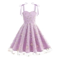 Lavendelfarbenes Tüll-Prinzessinnenkleid mit rosa Blumenstickerei und Schleifenträgern - S (120) / Lila