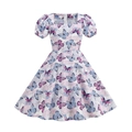 Rosa kurzärmeliges Kleid für Mädchen mit Schmetterlingsdruck und eleganten Puffärmeln - 130 / Schmetterlingsmuster