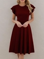 Detail of burgundy dress featuring round neck and elegant ruffle flutter sleeves - S / Red