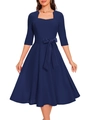 Detail of navy blue A-line maxi dress with waist bow tie and square neckline design - S / Navy Blue