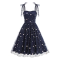 Close-up of vintage navy mesh dress featuring delicate daisy embroidery and bow straps - S / Navy Blue