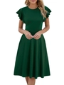 Elegant forest green dress with ruffle sleeves, round neck and a stylish A-line silhouette - S / Green