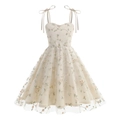 Robe élégante en tulle abricot avec broderies florales et fines bretelles à nouer - S (120) / Abricot