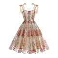 Elegant champagne A-line dress with floral embroidery and mesh overlay on white background - S / Red