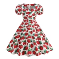 Mädchenkleid in Weiß mit Erdbeerdruck, Puffärmeln und elegantem quadratischem Ausschnitt - 130 / Erdbeer-Muster