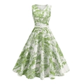 Robe trapèze rétro sans manches avec imprimé paysage vert et ceinture élégante - S / Vert