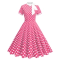 Vintage rosa Punkte-Kleid mit weißem Bogenkragen und weitem A-Linien-Rock - S / Rosa