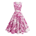 Robe trapèze sans manches à col en V, imprimé Toile de Jouy blanc et rose avec ceinture - S / Rose Rouge
