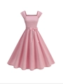 Pink retro Audrey Hepburn style A-line dress with square neck and bow waist tie - S / Pink