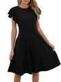 Detail of elegant black crew neck dress with layered ruffle sleeves and waist design - S / Black
