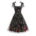 Close-up of floral embroidery on black mesh and shoulder ribbon bow detail on dress - S / Black