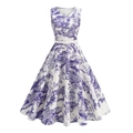 Robe trapèze vintage sans manches avec imprimé paysage bleu et ceinture blanche - S / Violet