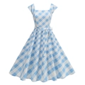 Women's vintage light blue and white gingham dress with waist bow and A-line skirt - S / Blue Plaid