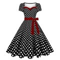 Robe rétro années 1950 à pois noir et blanc avec ceinture rouge et décolleté carré - S / Noir