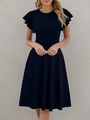 Elegant black A-line dress with round neck and tiered ruffle short sleeves for women - S / Navy Blue