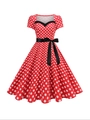 Robe rouge vintage à pois blancs style rockabilly avec nœud en satin noir - S / Rouge