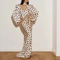 Vintage champagne polka dot maxi dress with V-neck, puff sleeves and silky satin finish - S / White