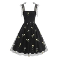 Elegant black tulle A-line dress with embroidered yellow daisies and bow straps - S / Black