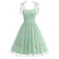 Close-up of mint green floral embroidery mesh with daisy patterns on sundress - S / Green