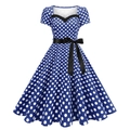 Robe vintage bleu roi à pois avec manches courtes et ceinture à nœud noire - S / Bleu