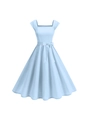 Robe évasée vintage bleu clair avec encolure carrée et ceinture à nœud élégante - S / Bleu