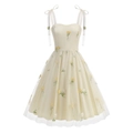 Elegant sleeveless light yellow floral embroidered tulle dress with ribbon bow straps - S / Apricot
