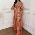 Bohemian floral print maxi dress with batwing sleeves and waist tie detail - S / Orange