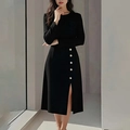 Elegant black long-sleeved midi dress featuring gold button accents and side slit detail - S / Black