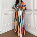 Women's deep V-neck striped maxi dress with waist cut-outs and batwing sleeves - S / Multicolor Wave Stripes