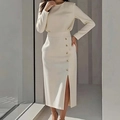 Elegant cream white long-sleeve knit two-piece set with gold buttons and high slit skirt - 3XL / White