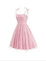 Pink tulle dress with daisy embroidery and adjustable bow straps in a sweet A-line style - S / Pink