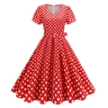 Vintage red A-line dress with white polka dots, V-neck, and bow belt decoration - S / Red