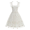 White floral embroidered mesh sleeveless dress with ribbon bow straps and A-line silhouette - S / White