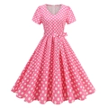 Vintage pink V-neck polka dot A-line midi dress with short sleeves and waist bow tie - S / Pink