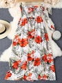 Böhmisches A-Linien-Kleid in Weiß mit orangefarbenen Hibiskus- und grünen Palmblattmotiven - S / Weiß