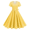 Retro V-neck yellow polka dot dress with waist tie and A-line skirt detail - S / Yellow