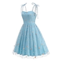 Light blue floral tulle sundress featuring daisy embroidery and bow-tie straps - S / Blue