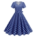 Retro V-neck short sleeve A-line dress in navy blue with white polka dots and a bow belt - S / Blue