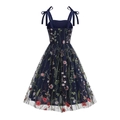 Elegant navy blue A-line dress with colorful floral embroidery and bow strap details - S / Navy Blue