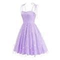Light purple floral mesh dress featuring daisy embroidery and bow-tie shoulder straps - S / Purple