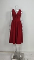 Elegant red V-neck sleeveless midi dress with waist tie and pleated details - S / Red