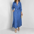 Elegante abito a camicia blu reale con scollo a V, cintura e spacco laterale - Taglia S / Blu