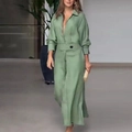 Abito a camicia verde salvia con scollo a V, maniche lunghe, vita alta e bottone - Taglia S / Verde