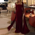 Elegante vestido de noche rojo vino con cuello cuadrado, mangas de capa y dobladillo sirena - S / Rojo